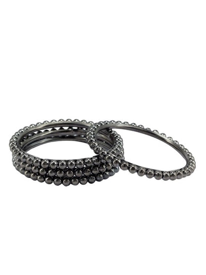 Set of 4 Silver Oxidised Gun Metal Color Beaded Bangles