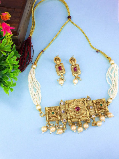 Gold-Plated Floral Stone-Studded & Beaded Jewellery Set