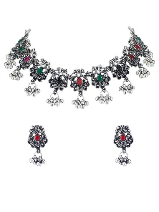 Silver-Oxidised Peacock & Floral Stone-Studded Jewellery Set