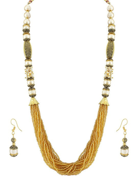 Gold Plated Beaded Layered Long Necklace & Earrings Set