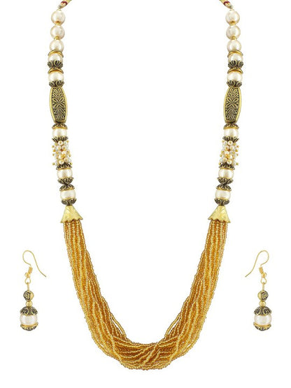 Gold Plated Beaded Layered Long Necklace & Earrings Set