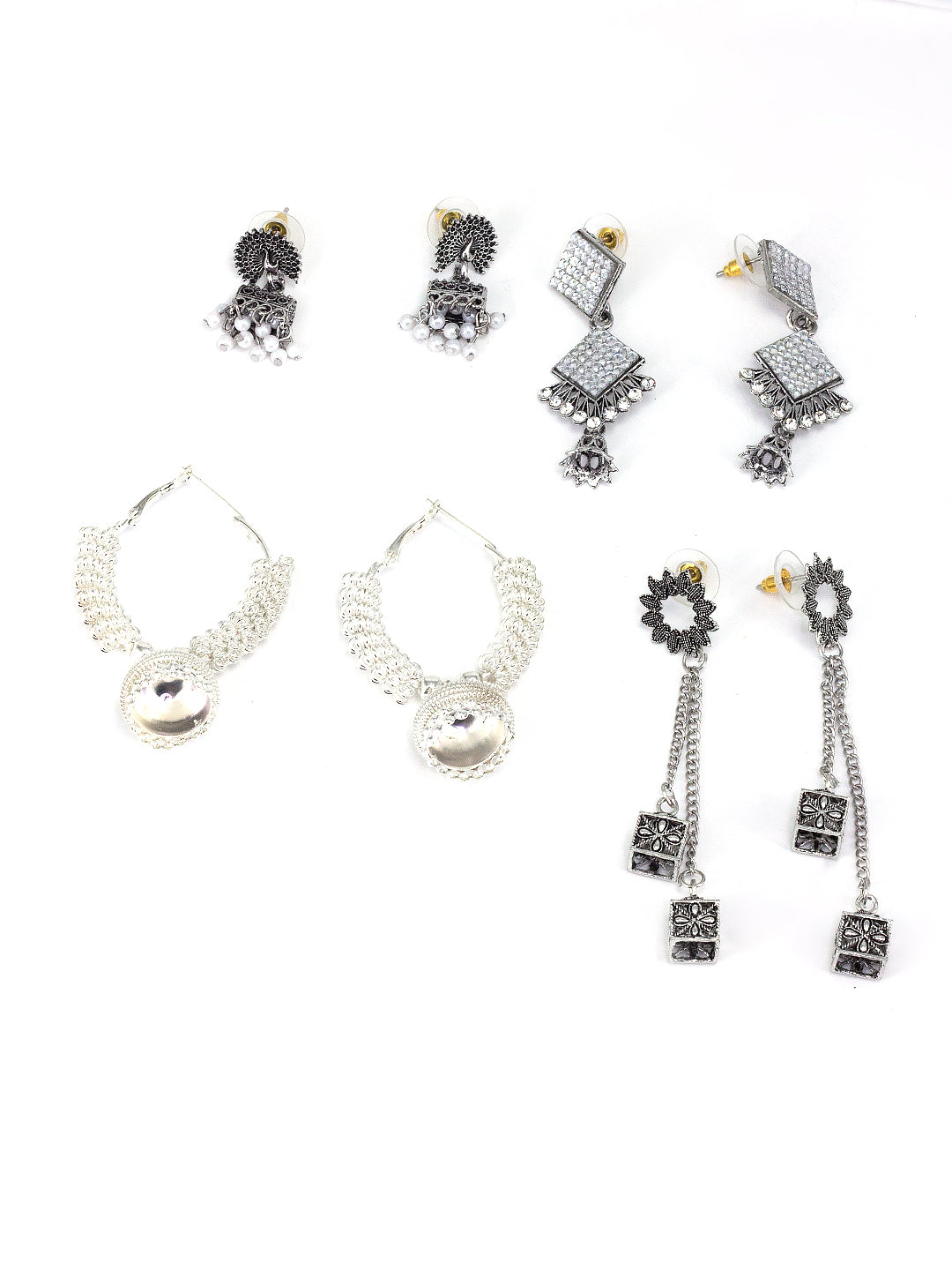 Pack of 4 Silver Plated Artificial Stones Studded Jhumka Earrings