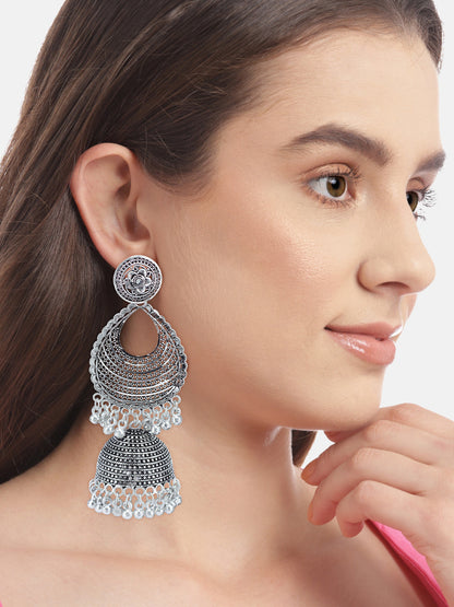 Silver Oxidised Artificial Beads Jhumka Earrings