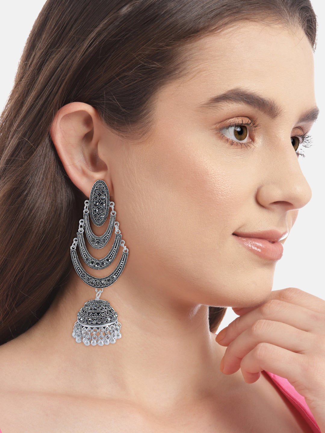 Pack Of 2 Silver Oxidised Crescent Shaped Jhumka Earrings