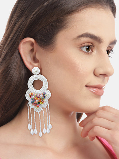 White Beaded Tasselled Big Drop Earrings