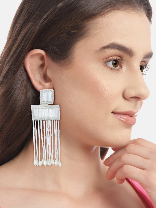 White Beaded Square Shaped Drop Earrings