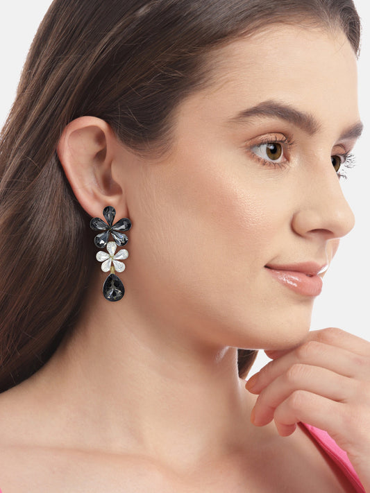 Black Crystals Studded Floral Drop Earrings