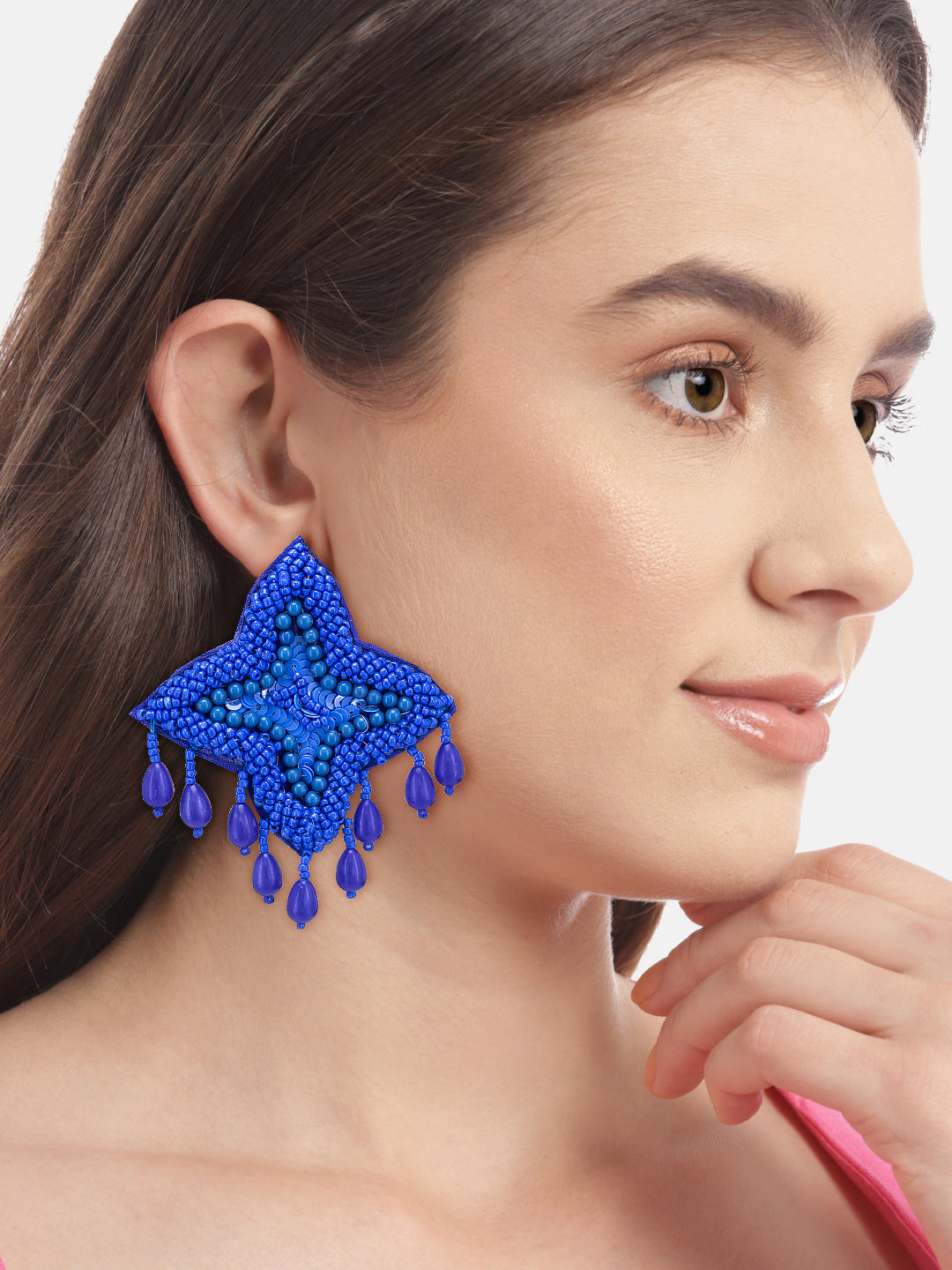 Blue Star Shaped Beaded Stud Earrings