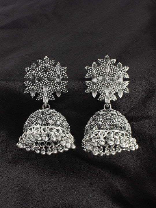 Silver-Plated Oxidised Floral Shaped Jhumkas