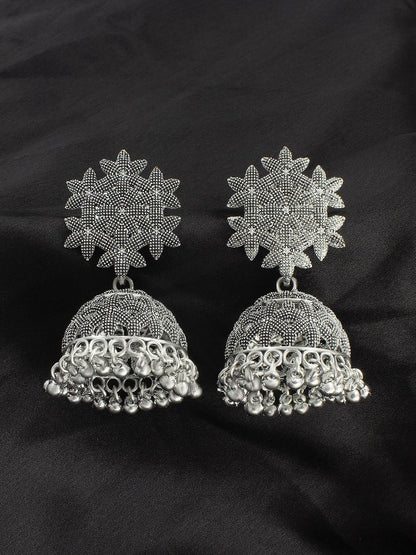 Silver-Plated Oxidised Floral Shaped Jhumkas