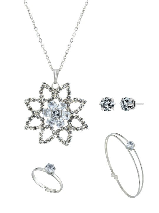 Silver-Plated Flower Design Pendant Set With Bracelet