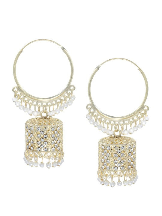 Gold-Plated Stone-Studded & Beaded Dome Shaped Hoop Earrings