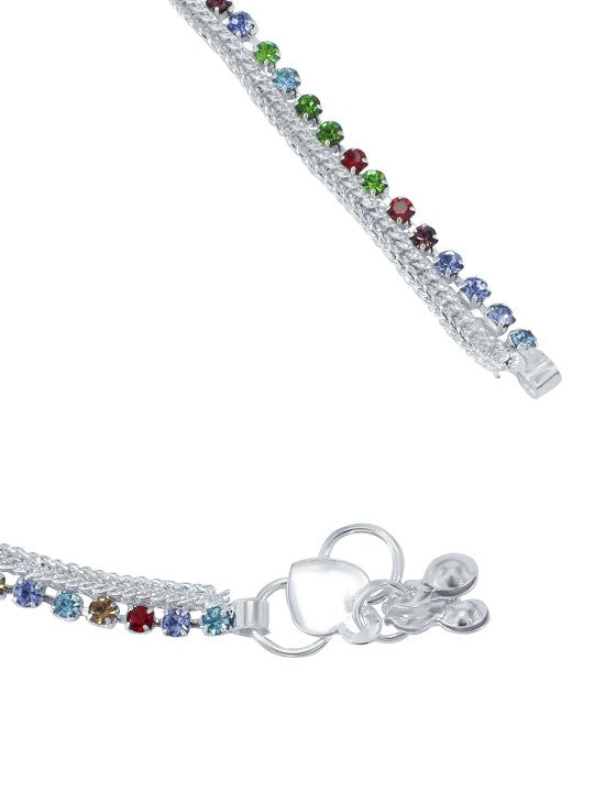 Pair of Silver-Plated Crystal-Studded Anklets For Women