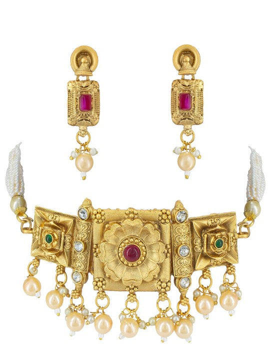 Gold-Plated Floral Stone-Studded & Beaded Jewellery Set