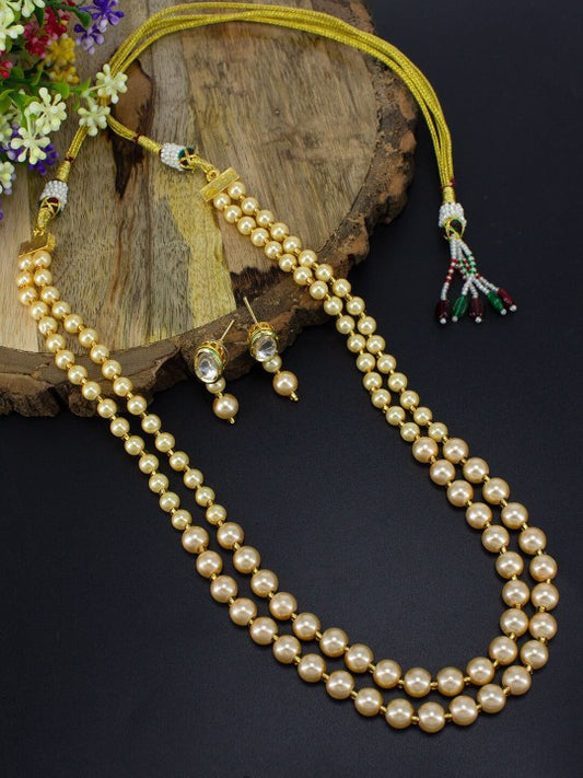 Gold Plated Artificial Beads Double Layered Necklace and Earrings