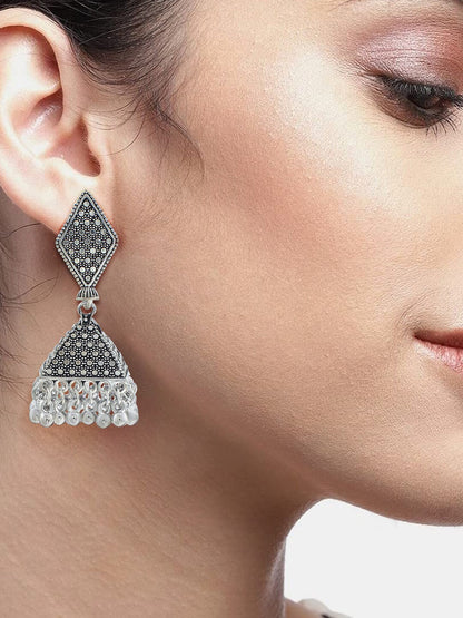 Silver-Plated Oxidised Geometric Jhumkas