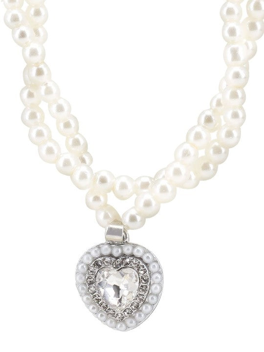 Silver Plated Heart Double Layered Stone & Pearl Beaded Moti Mala Trendy Necklace & Earrings