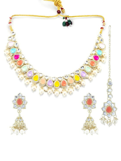 Gold-Plated Crystal Studded Pearl Beaded Jewellery Set With Maangtika