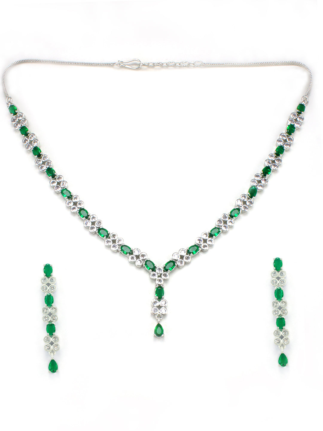 Rhodium-Plated Green American Diamond Studded Jewellery Set