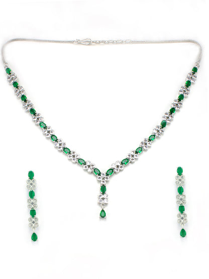 Rhodium-Plated Green American Diamond Studded Jewellery Set