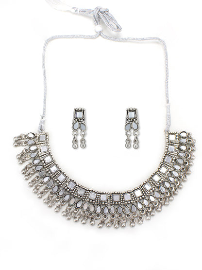 Silver-Oxidised Stones Studded & Beaded Mirror Jewellery Set