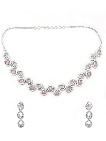 Rhodium-Plated Pink American Diamond Studded Jewellery Set