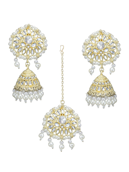 Gold- Plated Kundan Stone Studded & Pearl Beaded Jhumka Earrings With Maangtika