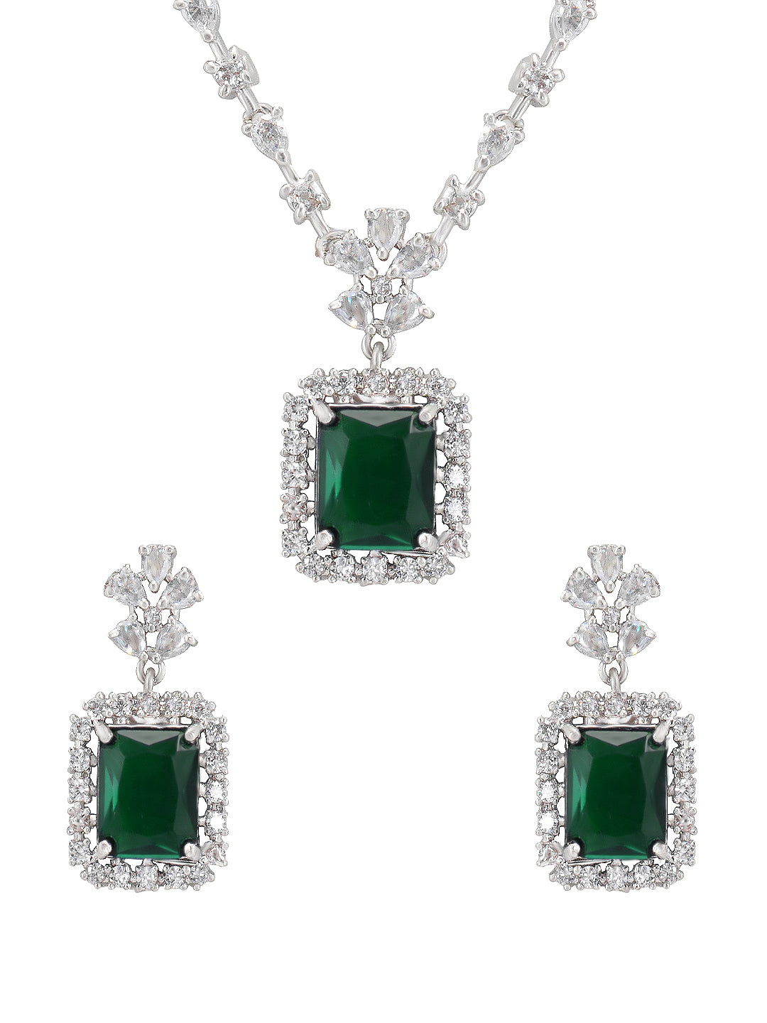 Green Rhodium-Plated American Diamond Studded Jewellery Set