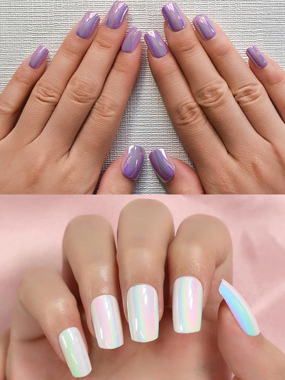 Set of 24 Violet and White Metallic Duochrome stick on nails