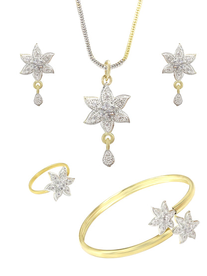 Gold-Plated Floral American Diamond-Studded Pendant Set With Adjustable Finger Ring & Bracelet