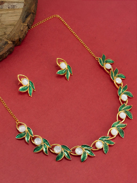 Gold Plated Green Leaf Shaped Jewellery Set