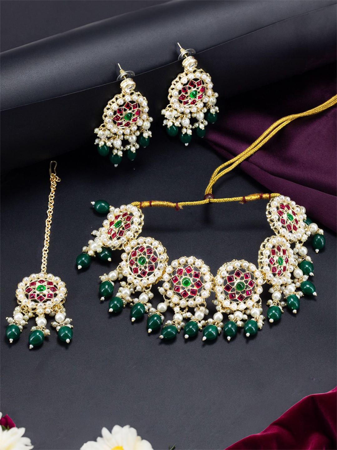 Gold-Plated Kundan Studded & Beaded Statement Jewellery Set