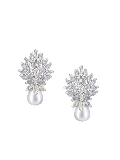 Rhodium Plated American Diamond Studded Floral Drop Earrings