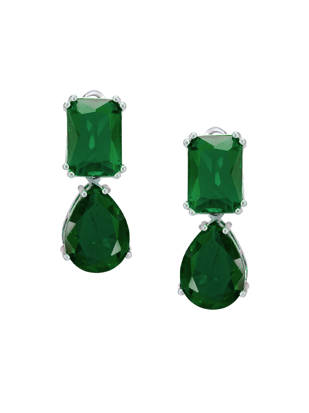 Rhodium Plated Green American Diamond Drop Earrings