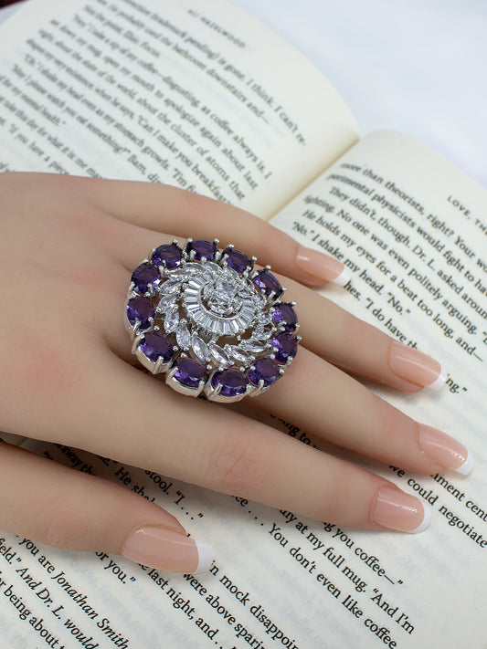 Rhodium-Plated Purple American Diamond Floral Adjustable Finger Ring