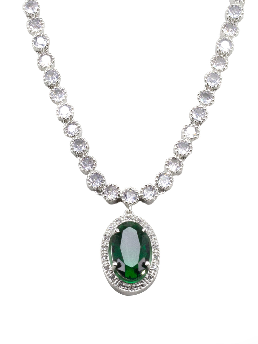 Rhodium Plated Green AD Trendy Necklace & Earrings Set