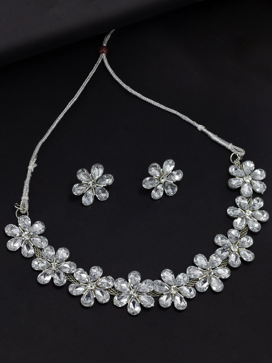 Silver-Plated Floral Crystal Studded Jewellery Set