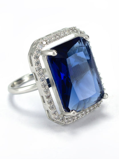 Rhodium-Plated Blue American Diamond Square Adjustable Finger Ring