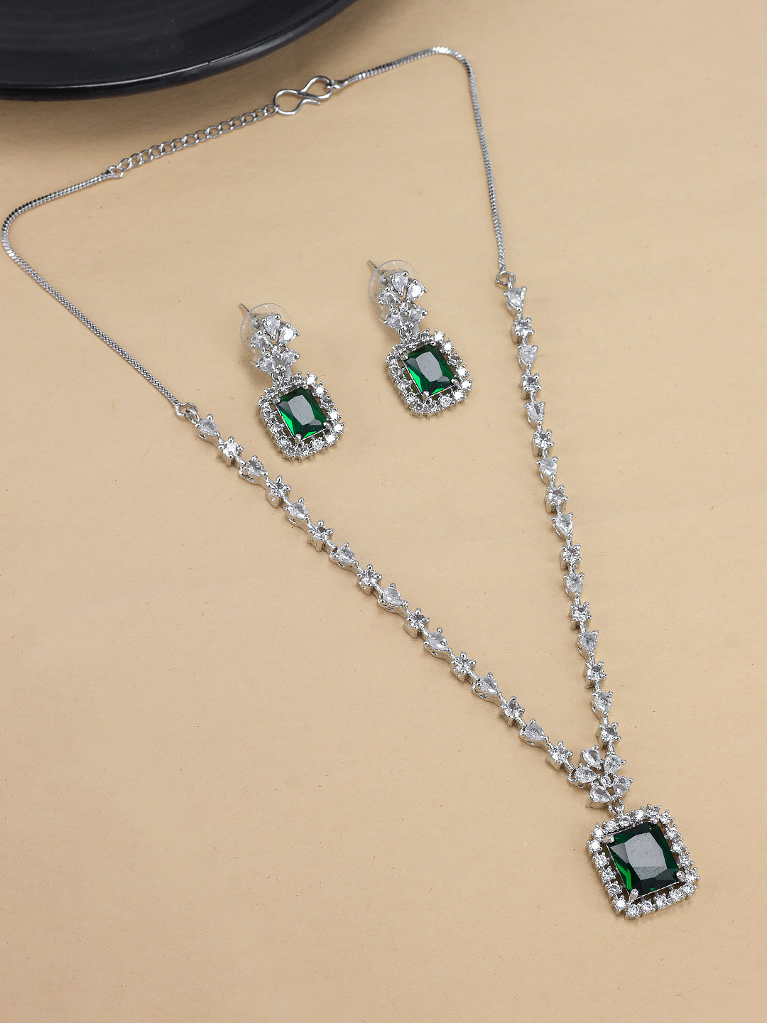 Green Rhodium-Plated American Diamond Studded Jewellery Set