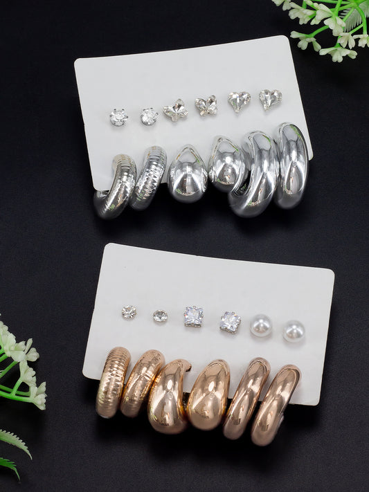 Pack of 12 Silver Plated & Rose Gold Plated Drop, Hoop & Studs Earrings