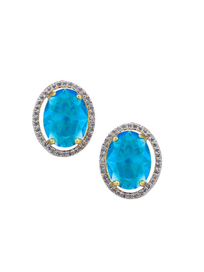 Gold Plated Aqua Blue American Diamond Stud Earrings