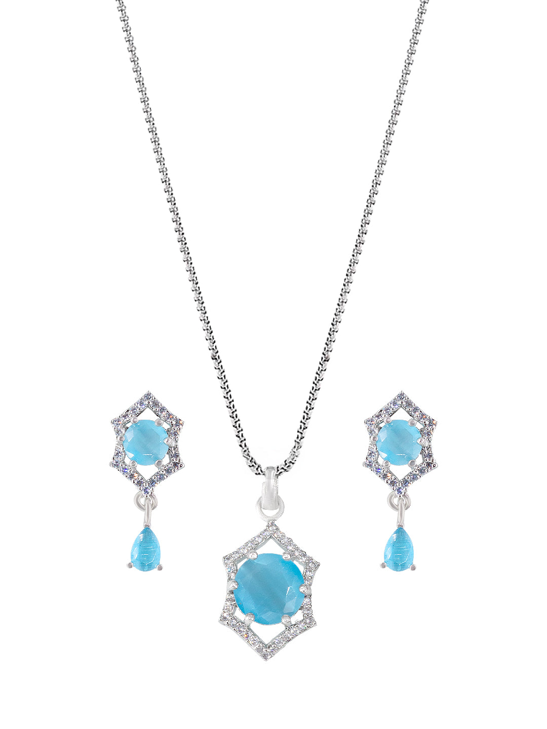 Rhodium Plated Aqua Blue American Diamond Pendant & Earrings Set