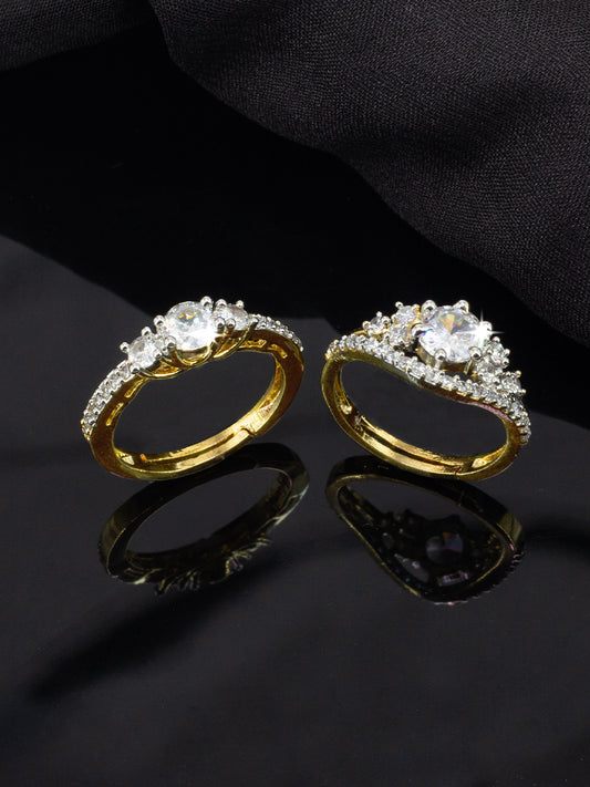 Set Of Two Gold Plated American Diamond Trendy Adjustable Finger Rings