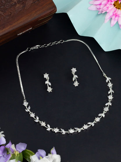 Rhodium Plated Floral American Diamond Jewellery Set