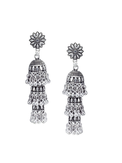 Silver Plated Floral Shaped Drop Jhumkas