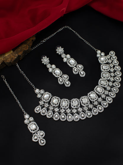 Silver-Plated Crystal-Studded Necklace And Earrings With Maang Tika