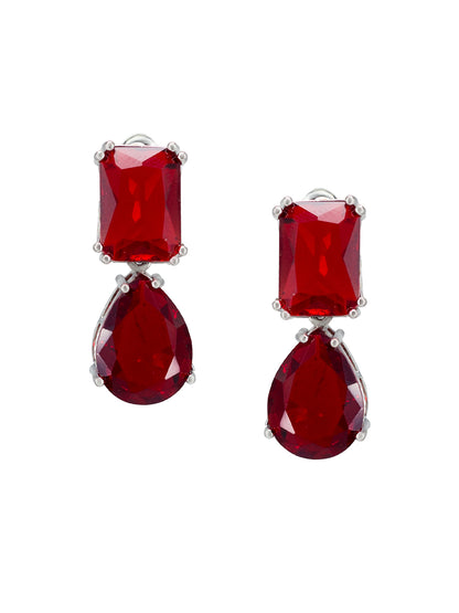 Rhodium Plated Red American Diamond Drop Earrings