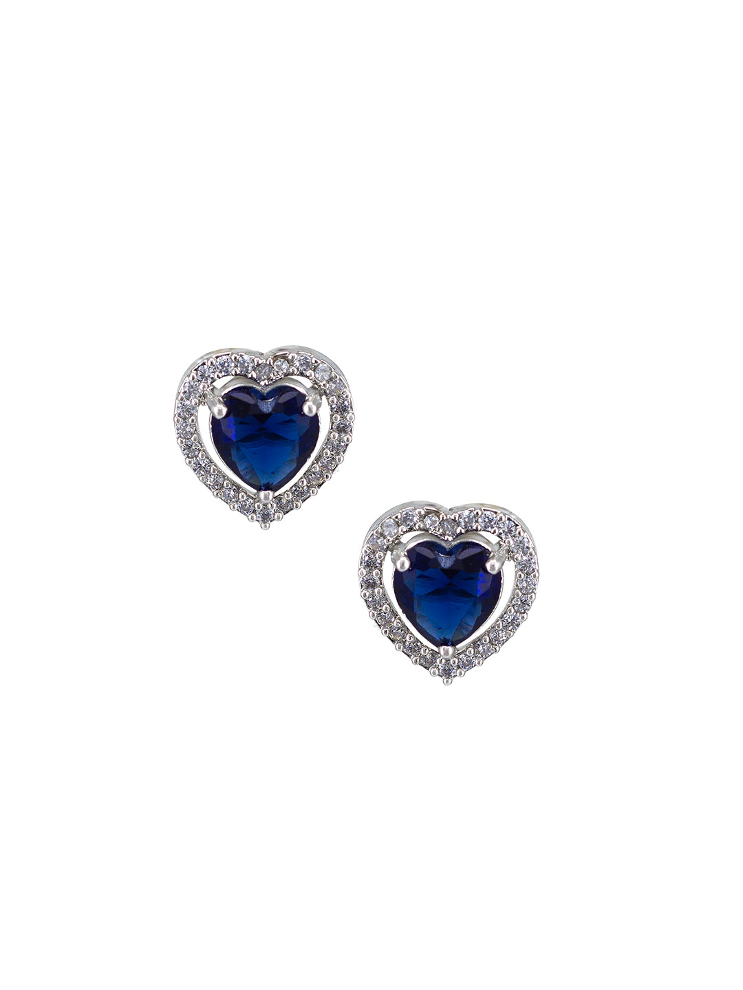 Rhodium Plated Blue Heart American Diamond Stud Trendy Earrings