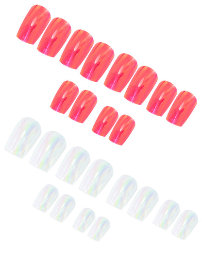 Set of 24 Coral and White Metallic Duochrome stick on nails