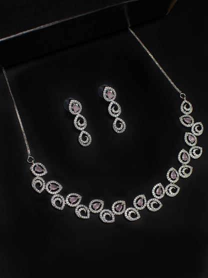 Rhodium-Plated Pink American Diamond Studded Jewellery Set